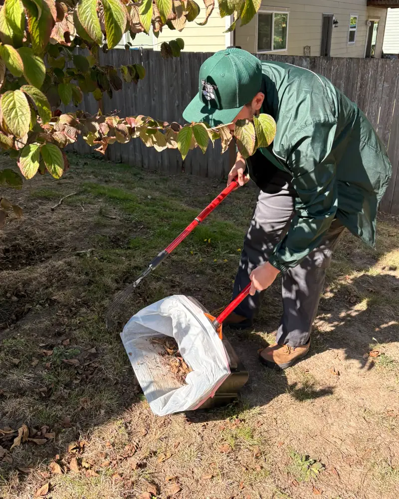 Close-up of a Doody Free scooper raking waste directly into a lined bin during a visit